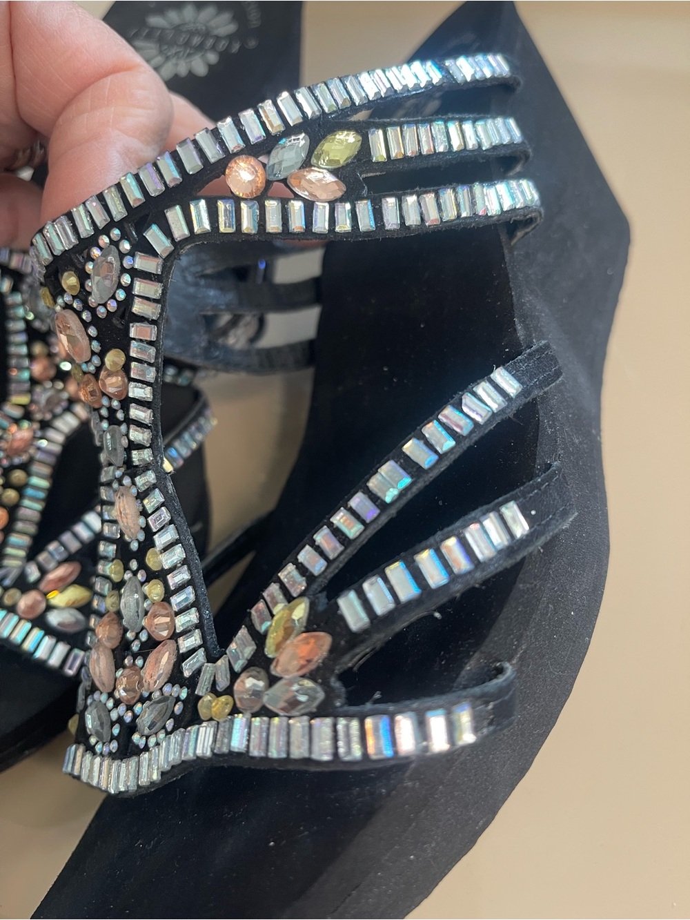 Yellow Box Black Jeweled Wedge Sandals 10M - Picture 11 of 16